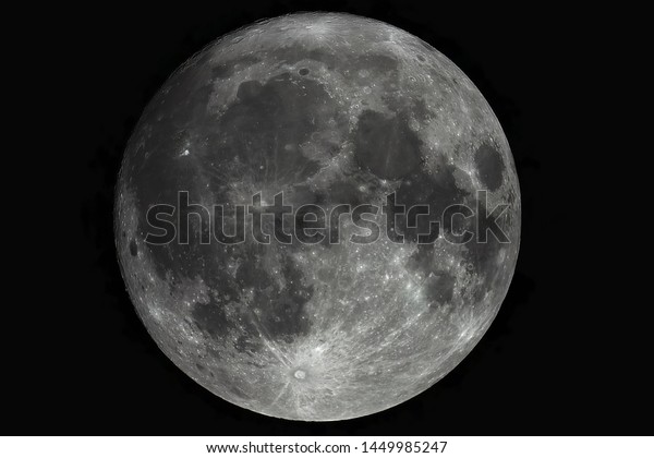 Photo of the moon\
through a telescope. Big moon in the full moon. Craters, mountains,\
traces of meteorites on the satellite of the earth. Astronomical\
image of Selena.
