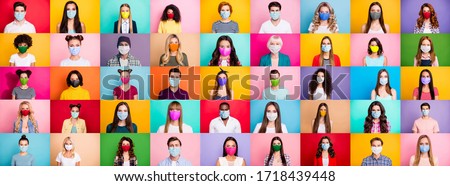 Photo multiple montage image of student kid afro human people of different age and ethnicity wearing surgical disposable and fabric breathing masks isolated over bright colorful background Foto stock © 