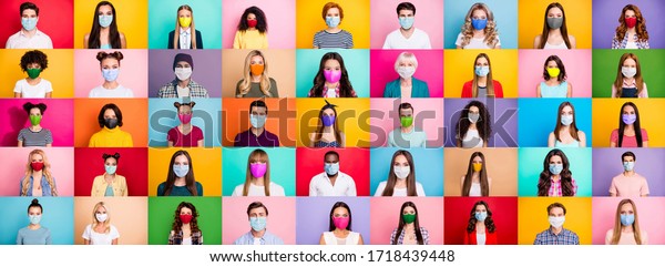 Photo multiple montage image of student kid\
afro human people of different age and ethnicity wearing surgical\
disposable and fabric breathing masks isolated over bright colorful\
background