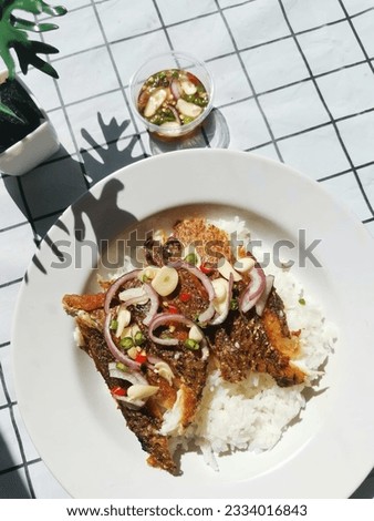 Photo of mutton fish rice with mutton fried fish meat topped with chilli fish sauce Sliced shallots with chopped garlic placed in a white plate
