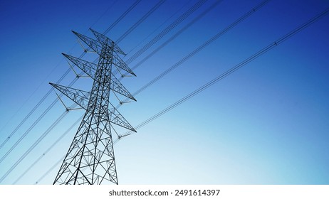  photo of a network of high voltage electricity cables with a blue sky in the morning as a background                              