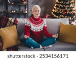 Photo of nice aged woman sit couch meditate christmas festive illumination apartment indoors