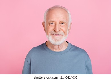 Photo Of Nice Old Grey Hairdo Man Wear Blue Shirt Isolated On Pink Color Background