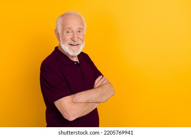 Photo Of Nice Old Man Crossed Arms Wear Dark T-shirt Isolated On Yellow Color Background