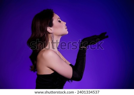 Photo of noble lady aristocrat hold gesture hands demonstrate on vibrant empty space promotion offer