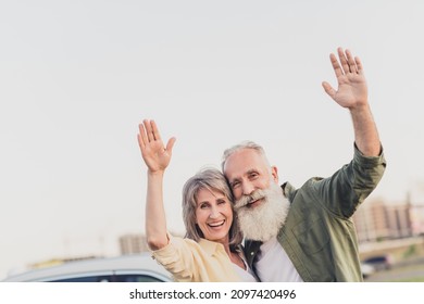 Photo Of Old People Man Woman Wave Hands Hello Good Mood Enjoy Car Park Outdoors Outside In Urban City