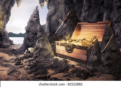 photo of open treasure chest with shinny gold in a cave