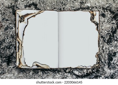 Photo of opened book with burned pages laying on ashes surface. - Powered by Shutterstock