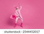 Photo of optimistic cheerful funky carefree retired man jumping rodeo cowboy ranch isolated on pink color background