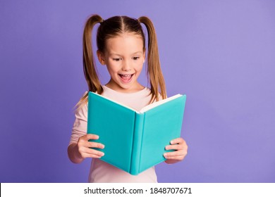 Photo of optimistic happy little girl hold read book study wear pullover isolated on violet color background