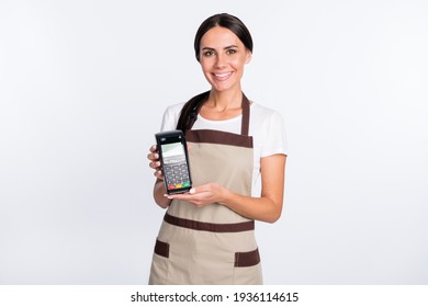 Photo of optimistic nice brown hair lady hold terminal wear t-shirt apron isolated on grey color background - Powered by Shutterstock