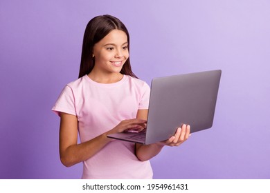 Photo of optimistic nice brunette girl look laptop wear t-shirt isolated on purple color background