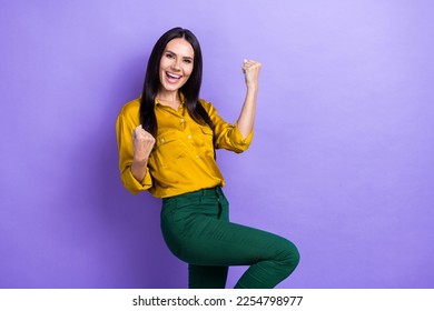 Photo of overjoyed successful lady trendy outfit rejoice scream hooray win jackpot lottery empty space isolated on purple color background - Shutterstock ID 2254798977