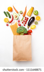 Photo Of Paper Bag With Vegetables, Fruits And Spaghetti