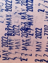 Photo Of Paper Have Text Stamp On. And Editable Dates In Ink Stamps Blue Color And Date Stamp Blue Color. Close Up Texture And Character Is Text Background. Blue Color. Close Up Text