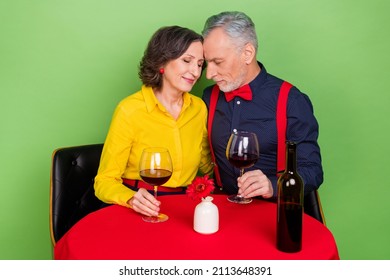 Photo of peaceful idyllic two persons closed eyes touch heads hold wineglass isolated on green color background