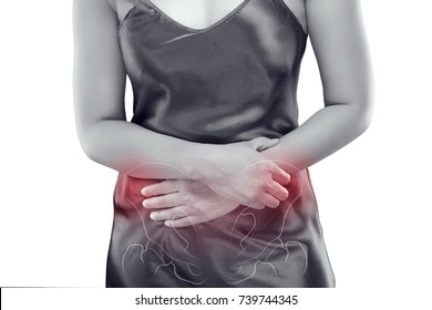 The photo of pelvic is on the woman's body, isolate on white background, Female anatomy concept