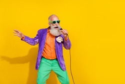 Photo Of Pensioner Man Sing Mic At Karaoke Club Concert Isolated On Bright Color Background