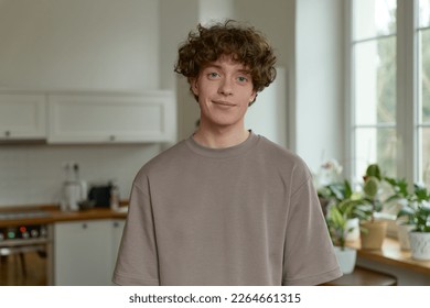 Photo people and lifestyle concept. Indoor shot of positive handsome young caucasian man with voluminous hair. An indoor portrait of a person smiling and looking at the camera, wearing casual clothing - Powered by Shutterstock