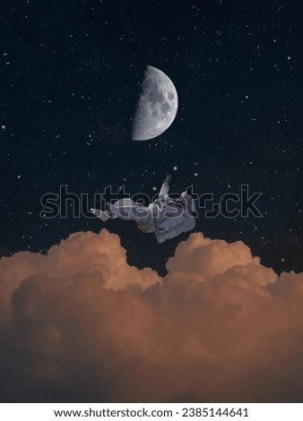 The photo is of a person in the sky with a moon in the background.