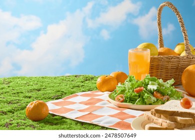 Photo of a picnic on a green lawn with a blue sky in the background, above a picnic mat with a fruit, salad, juice and sandwich for a meal. Blank space product displaying, front view - Powered by Shutterstock