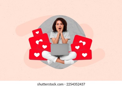 Photo picture creative 3d collage artwork of worried lady shocked amount instagram facebook likes isolated on drawing background