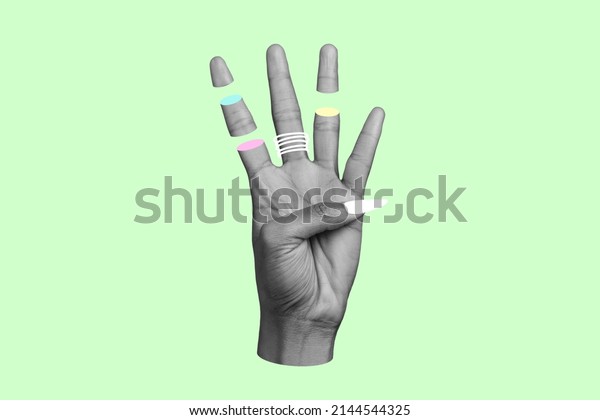 Photo\
picture on bright cartoon trendy background big hand with\
graphically cut divided fingers counting\
four