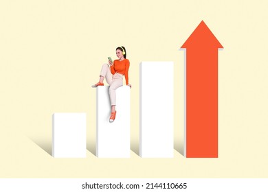 Photo picture of young girl sitting pedestal using new smart phone earphones innovation effects check pop chart music channel - Powered by Shutterstock