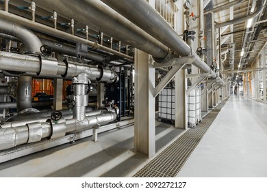 Photo Of Pipes And Tanks. Chemistry And Medicine Production. Pharmaceutical Factory. Interior Of A High-tech Factory, Modern Production