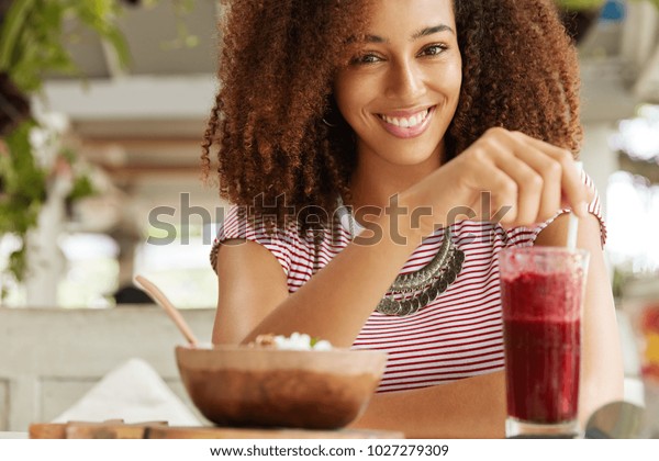 Photo Pleased Relaxed Female Afro Hairstyle People Stock Image