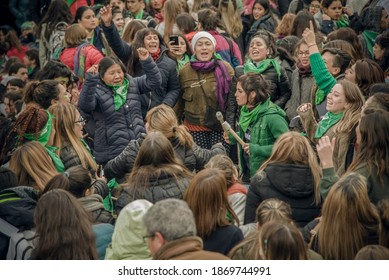 Photo of political activists women for legal abortion in the congress from 2018. Green handkerchief. Buenos Aires, Argentina