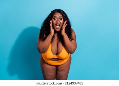 Photo Of Pool Party Overweight Figure Lady Unbelievable News Reaction Wear Swim Suit Isolated Teal Color Background