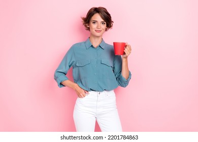 Photo Portrait Of Adorable Young Woman Employee Coffee Break Hold Hand Pocket Dressed Trendy Blue Outfit Isolated On Pink Color Background