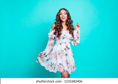 Photo portrait of attractive pretty cute lovable fascinating delicate alluring gorgeous nice stunning with long wavy hairdo shirt mini white dress holding frill chiffon isolated on vivid background