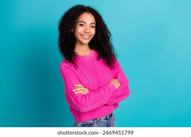 Photo portrait of attractive teen girl crossed hands dressed stylish pink clothes isolated on aquamarine color background - Powered by Shutterstock