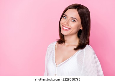 Photo portrait of attractive young lady toothy smile cheerful optimistic mood wear trendy white clothes isolated on pink color background - Shutterstock ID 2229038793