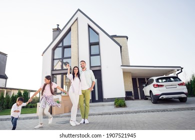 Photo Portrait Of Big Family Spending Leisure Outside New Home Parents Greeting Waving Hand Small Children Playing Happy