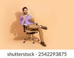 Photo portrait of brunet hair adult businessman wearing formal outfit eating chips during lunch isolated on beige color background