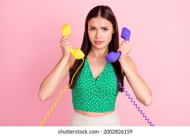 Photo Portrait Brunette Smiling Talking On Phone Wrong Number Isolated Pastel Pink Color Background