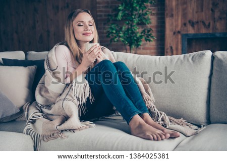 Photo portrait of charming positive pleased calm peaceful one single having free time attractive closing eyes she her lady sitting on divan