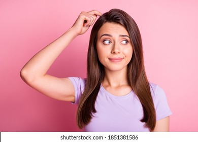 Photo Portrait Of Confused Woman Scratching Head With Finger Isolated On Pastel Pink Colored Background