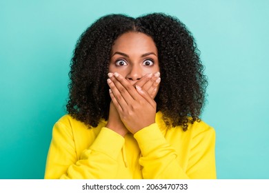 Photo Portrait Curly Woman Shut Mouth Keeping Secret Amazed Isolated Bright Teal Color Background