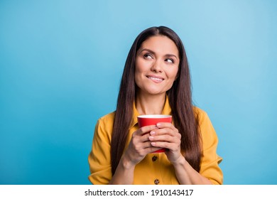 Photo portrait of dreamy woman looking empty space biting lip keeping mug with beverage isolated on bright blue color background