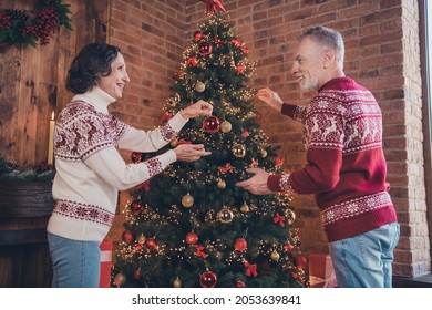 Photo Portrait Elder Couple Celebrating Winter Holidays Together Decorating Xmas Tree With Balls