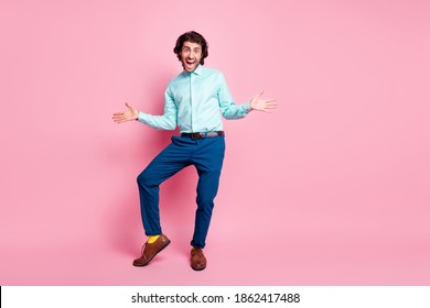 Photo Portrait Full Body View Of Man Showing Jazz Hands Dancing Isolated On Pastel Pink Colored Background With Blank Space