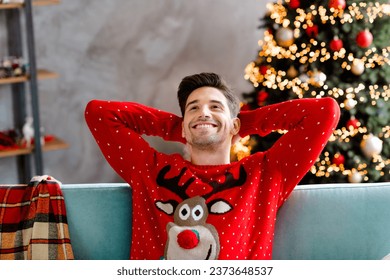 Photo portrait of funky young male wear red christmas sweater happy holidays beautiful living room decorated theme party hands behind head