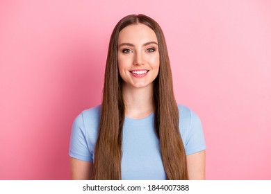 Photo Portrait Of Girl With Long Brown Hair Smiling Wearing Blue Casual T-shirt Isolated On Pastel Pink Color Backgroung