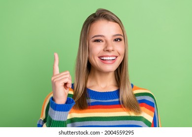 Photo Portrait Girl Pointing Up Finger Promoting Remember Isolated Pastel Green Color Background