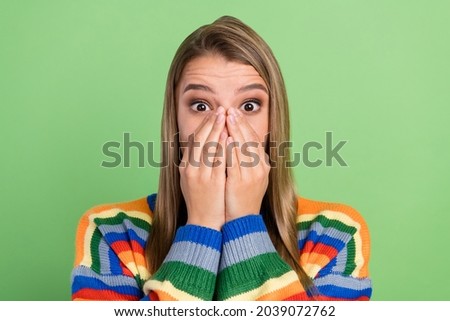Photo portrait girl shut face with hands staring shocked amazed isolated pastel green color background