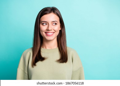 Photo Portrait Of Happy Woman Looking At Blank Space Isolated On Vivid Cyan Colored Background